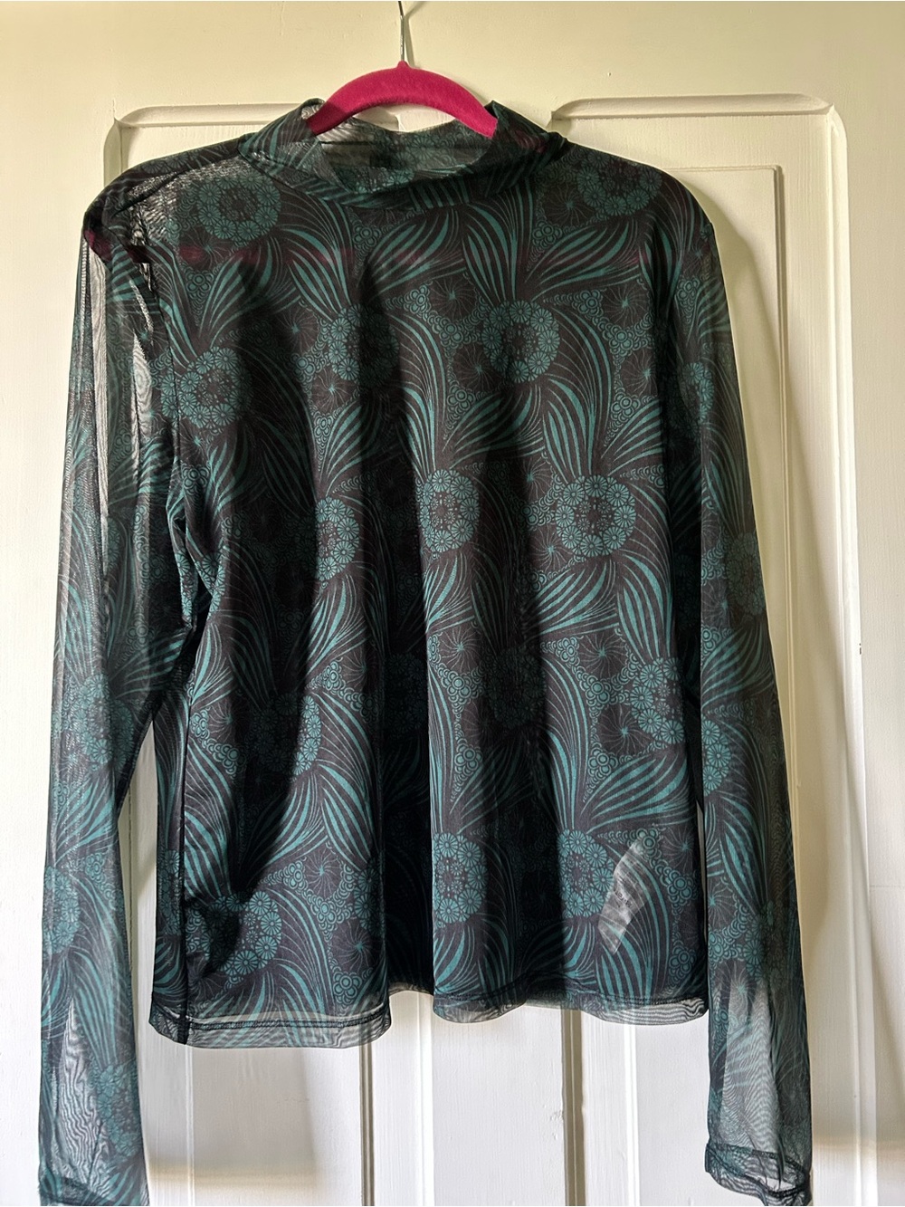 Anthropologie Teal and Black Sheer Printed Long Sleeve Top - Picture 3 of 5